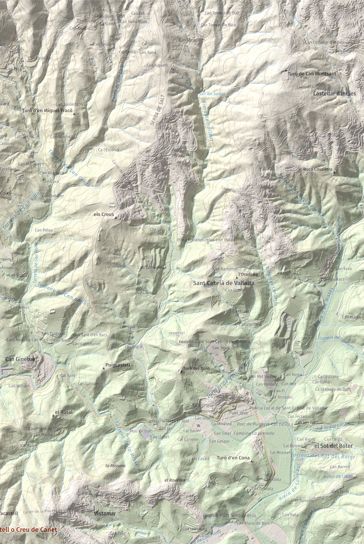 Mapa de relieve de Pedracastell o Creu de Canet, 287 m, Maresme, lámina 100 Cims de Trobart. Detalle de la zona superior derecha. 61 × 91 cm.