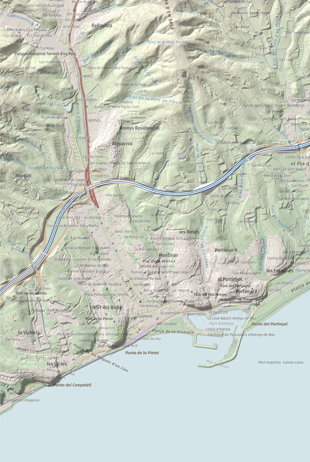 Mapa de relieve de Pedracastell o Creu de Canet, 287 m, Maresme, lámina 100 Cims de Trobart. Detalle de la zona inferior izquierda. 61 × 91 cm.