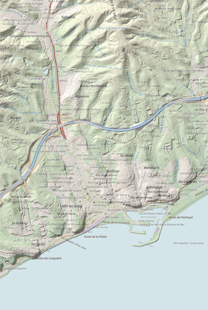 Mapa de relieve de Pedracastell o Creu de Canet, 287 m, Maresme, lámina 100 Cims de Trobart. Detalle de la zona inferior izquierda. 61 × 91 cm.