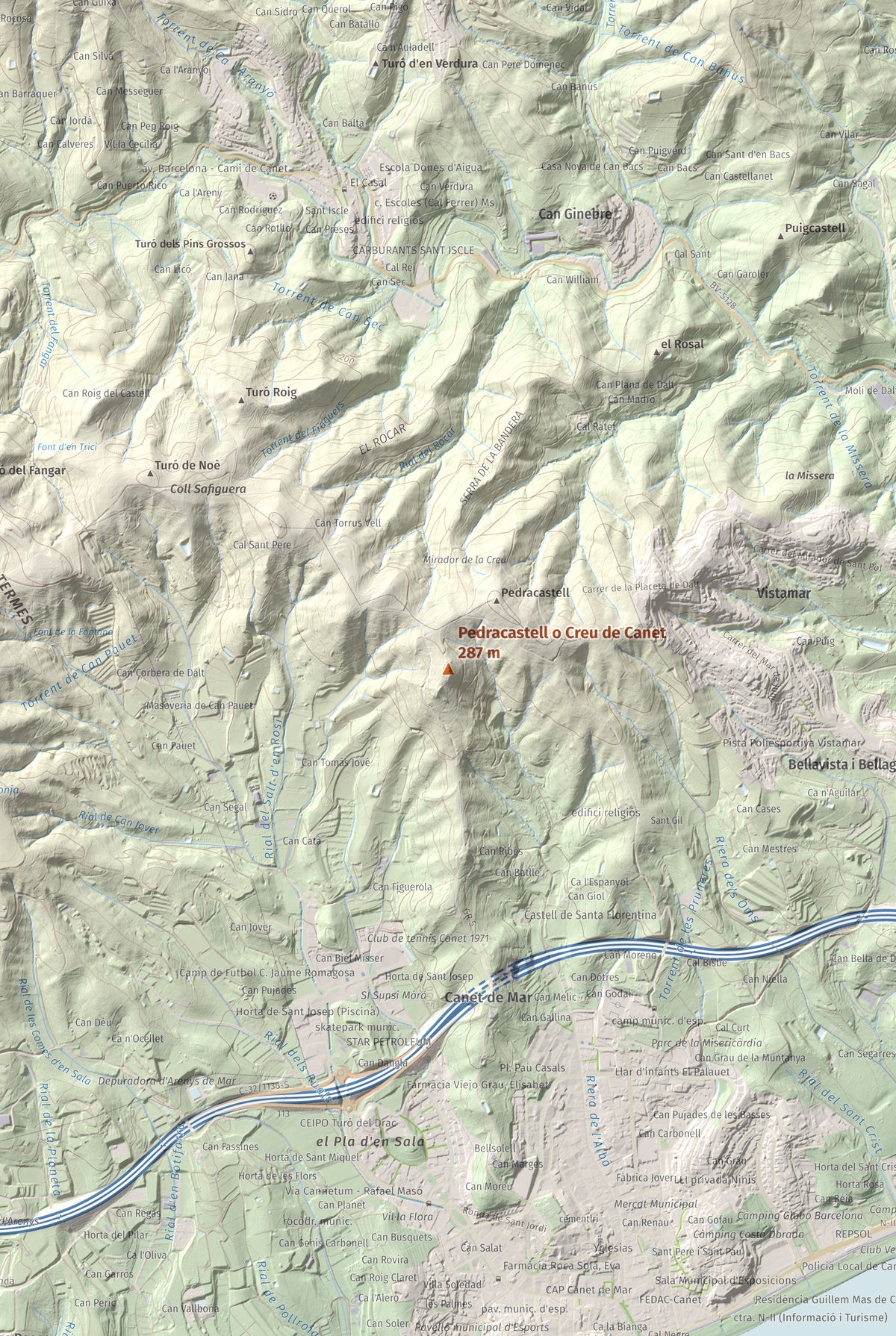 Mapa de relieve de Pedracastell o Creu de Canet, 287 m, Maresme, lámina 100 Cims de Trobart. Detalle de la zona central. 61 × 91 cm.