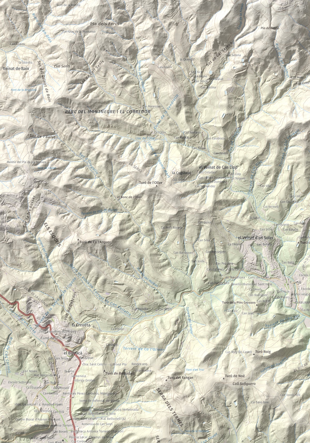 Mapa de relieve de Pedracastell o Creu de Canet, 287 m, Maresme, lámina 100 Cims de Trobart. Detalle de la zona superior izquierda. 70 × 100 cm.