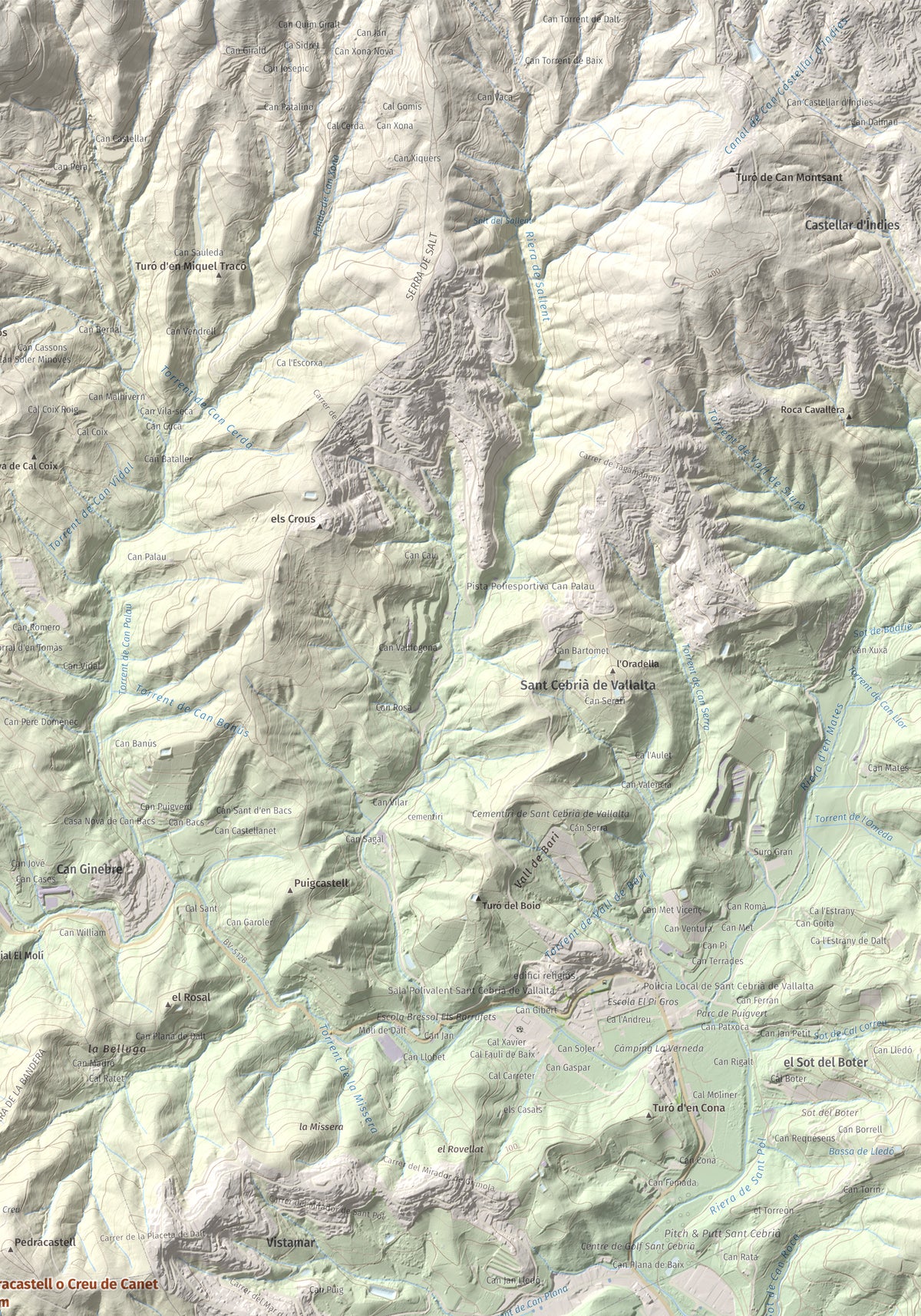 Mapa de relieve de Pedracastell o Creu de Canet, 287 m, Maresme, lámina 100 Cims de Trobart. Detalle de la zona superior derecha. 70 × 100 cm.