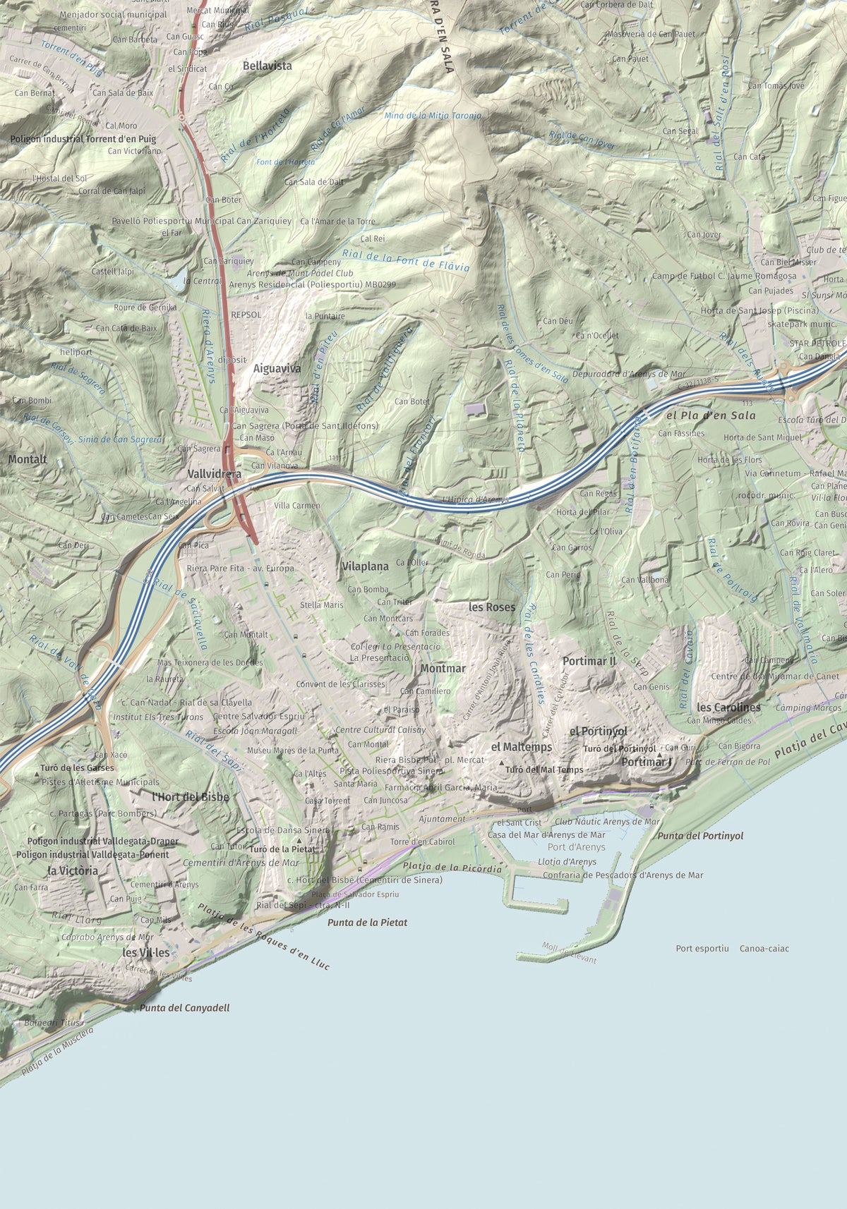Mapa de relieve de Pedracastell o Creu de Canet, 287 m, Maresme, lámina 100 Cims de Trobart. Detalle de la zona inferior izquierda. 70 × 100 cm.