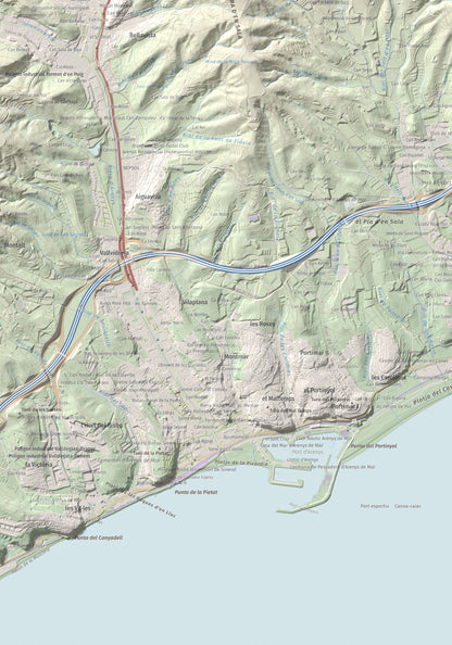 Mapa de relieve de Pedracastell o Creu de Canet, 287 m, Maresme, lámina 100 Cims de Trobart. Detalle de la zona inferior izquierda. 70 × 100 cm.