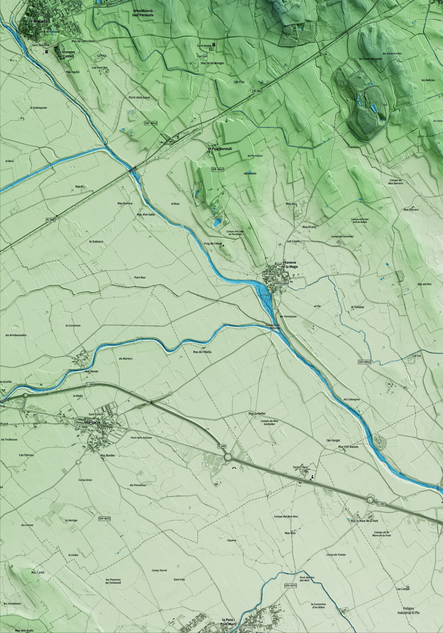 Mapa artístico del relieve de Pedret i Marzà, al Alt Empordà, con 15 km de entorno y base topográfica ICGC. Detalle de la zona inferior izquierda.