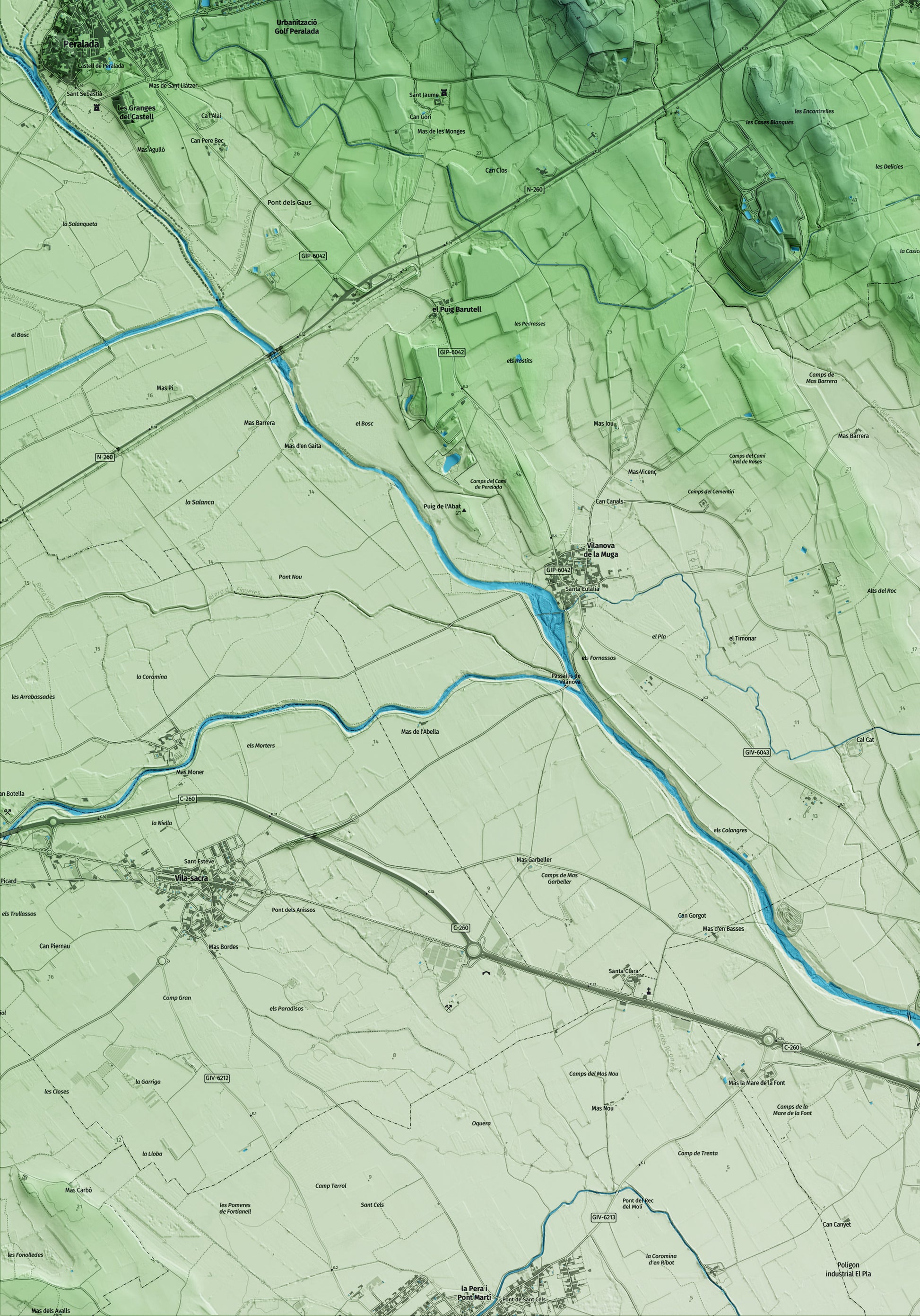 Mapa artístico del relieve de Pedret i Marzà, al Alt Empordà, con 15 km de entorno y base topográfica ICGC. Detalle de la zona inferior izquierda.