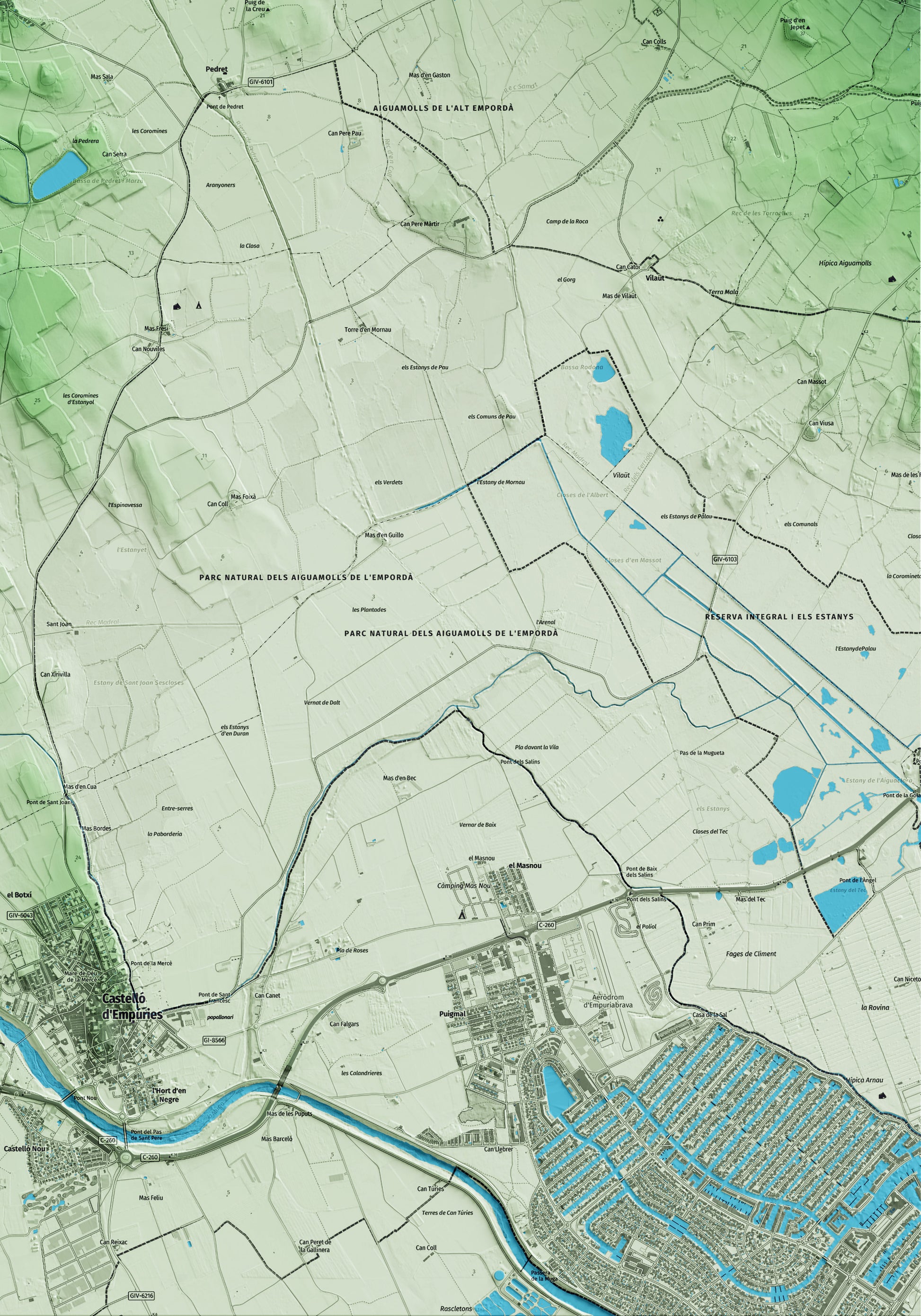 Mapa artístico del relieve de Pedret i Marzà, al Alt Empordà, con 15 km de entorno y base topográfica ICGC. Detalle de la zona inferior derecha.