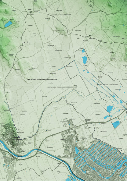 Mapa artístico del relieve de Pedret i Marzà, al Alt Empordà, con 15 km de entorno y base topográfica ICGC. Detalle de la zona inferior derecha.