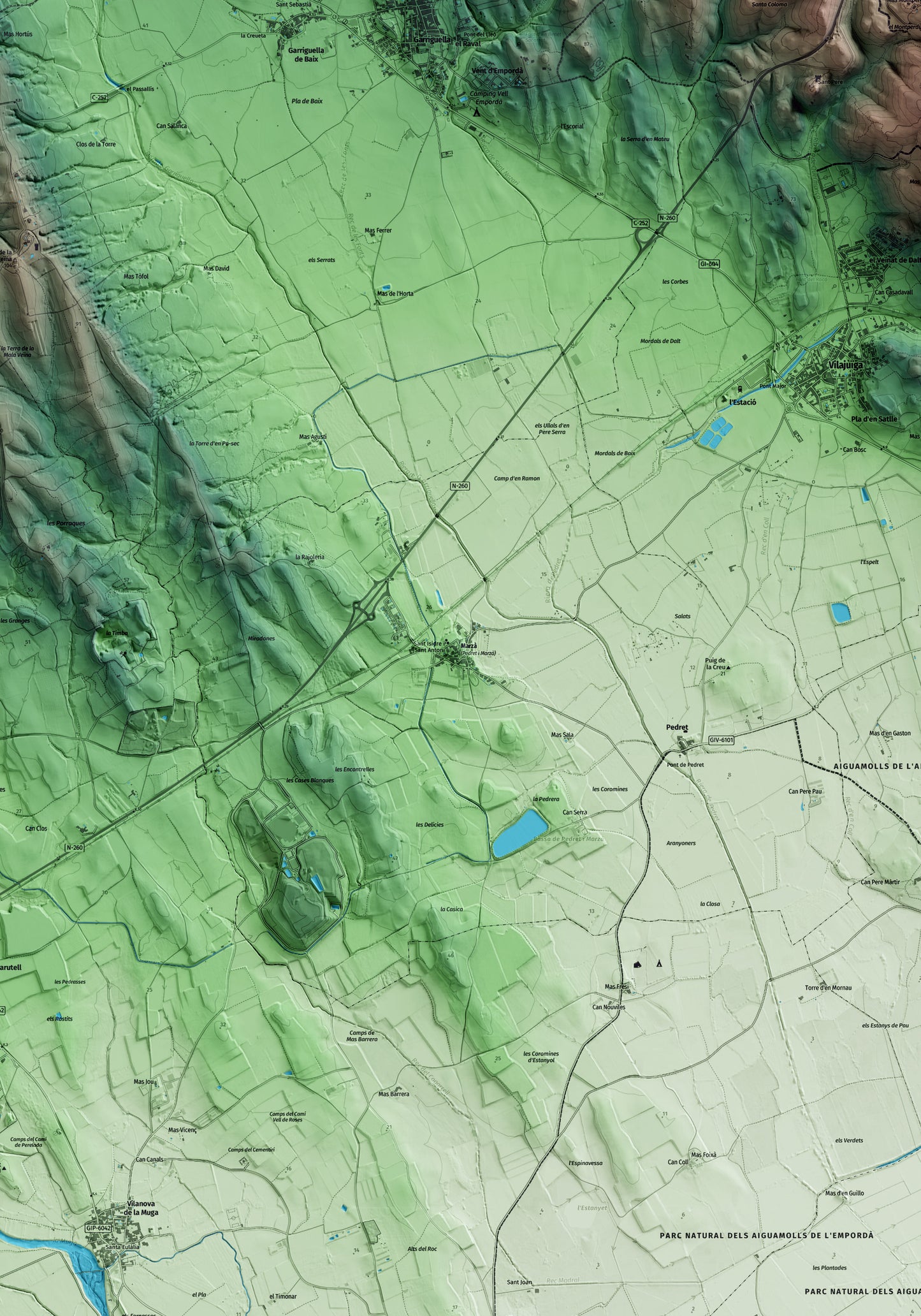 Mapa artístico del relieve de Pedret i Marzà, al Alt Empordà, con 15 km de entorno y base topográfica ICGC. Detalle de la zona central.