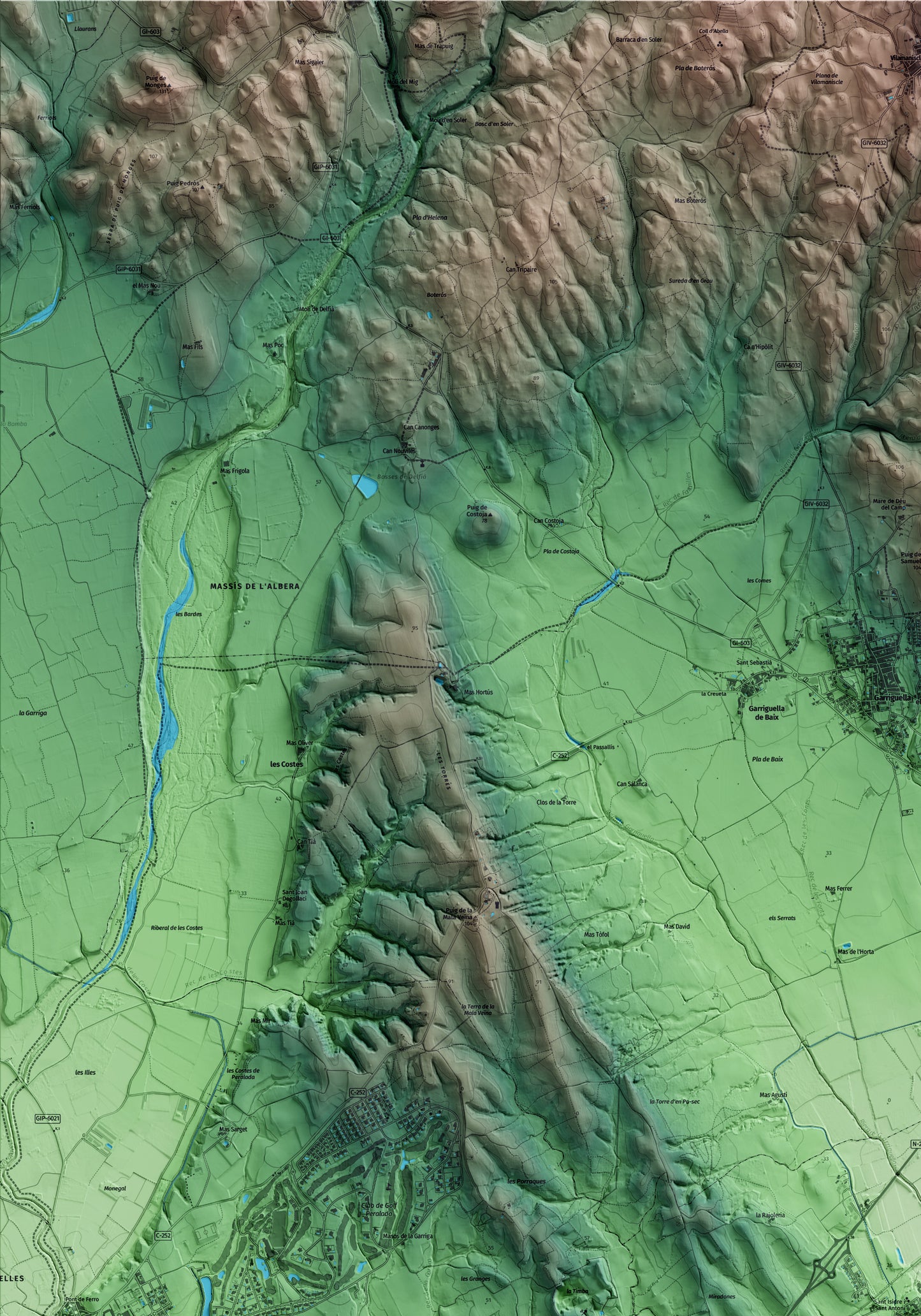 Mapa artístico del relieve de Pedret i Marzà, al Alt Empordà, con 15 km de entorno y base topográfica ICGC. Detalle de la zona superior izquierda.