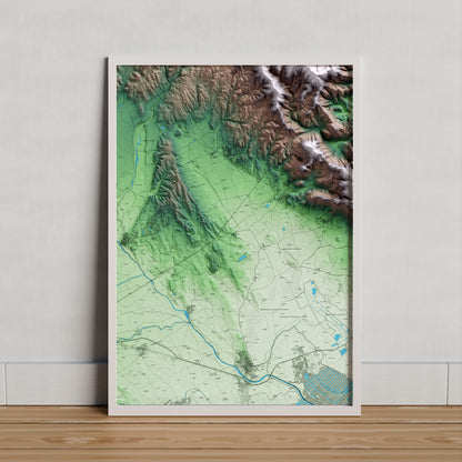 Mapa artístico del relieve de Pedret i Marzà, al Alt Empordà, con 15 km de entorno y base topográfica ICGC. Presentación enmarcada.