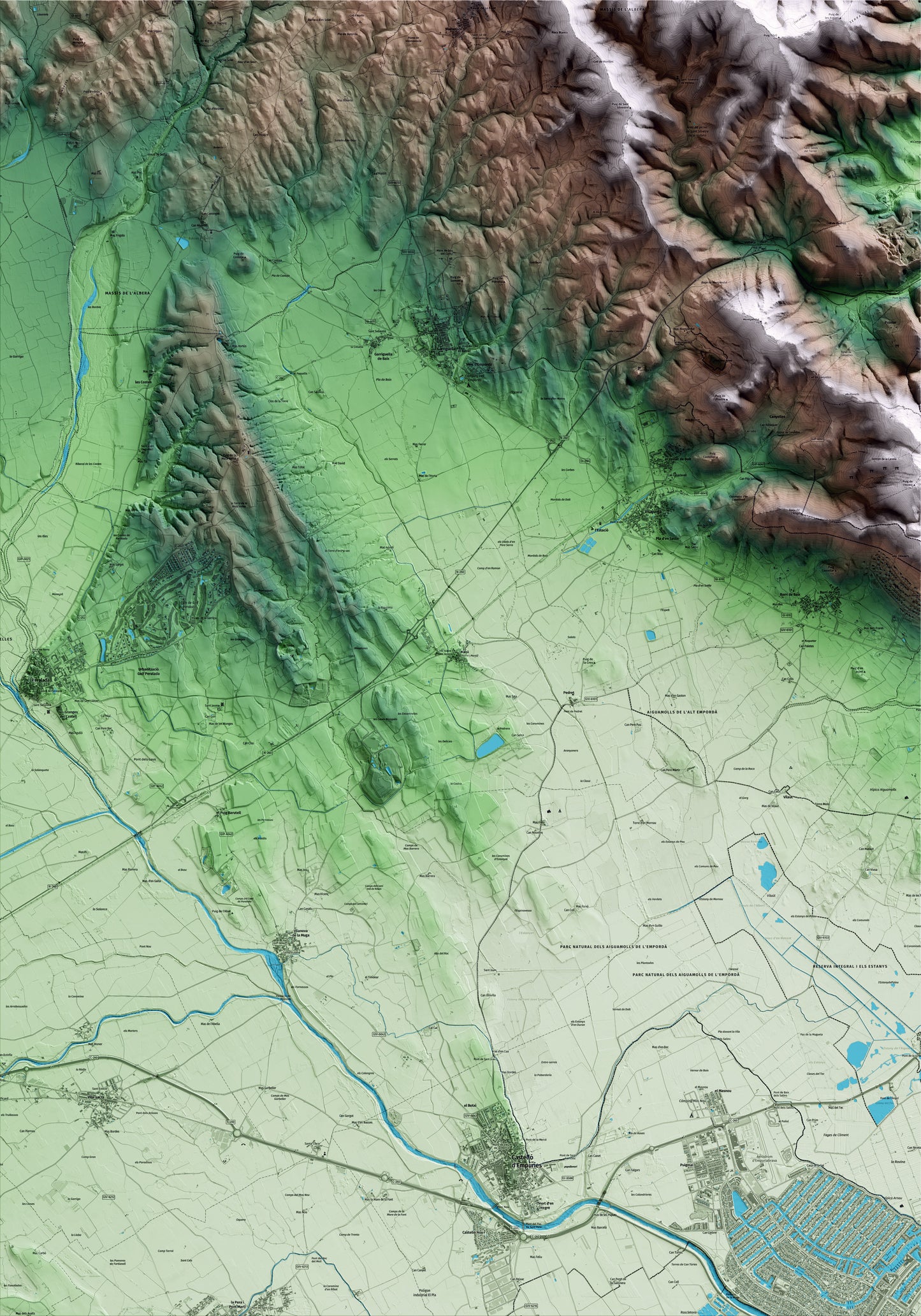 Mapa artístico del relieve de Pedret i Marzà, al Alt Empordà, con 15 km de entorno y base topográfica ICGC