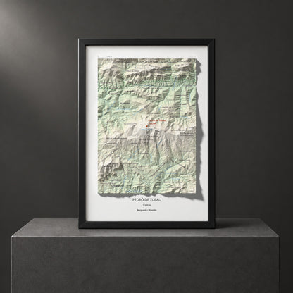 Mapa de relieve de Pedró de Tubau, 1543 m, Berguedà · Ripollès, lámina 100 Cims de Trobart. Presentación enmarcada. 21 × 30 cm.