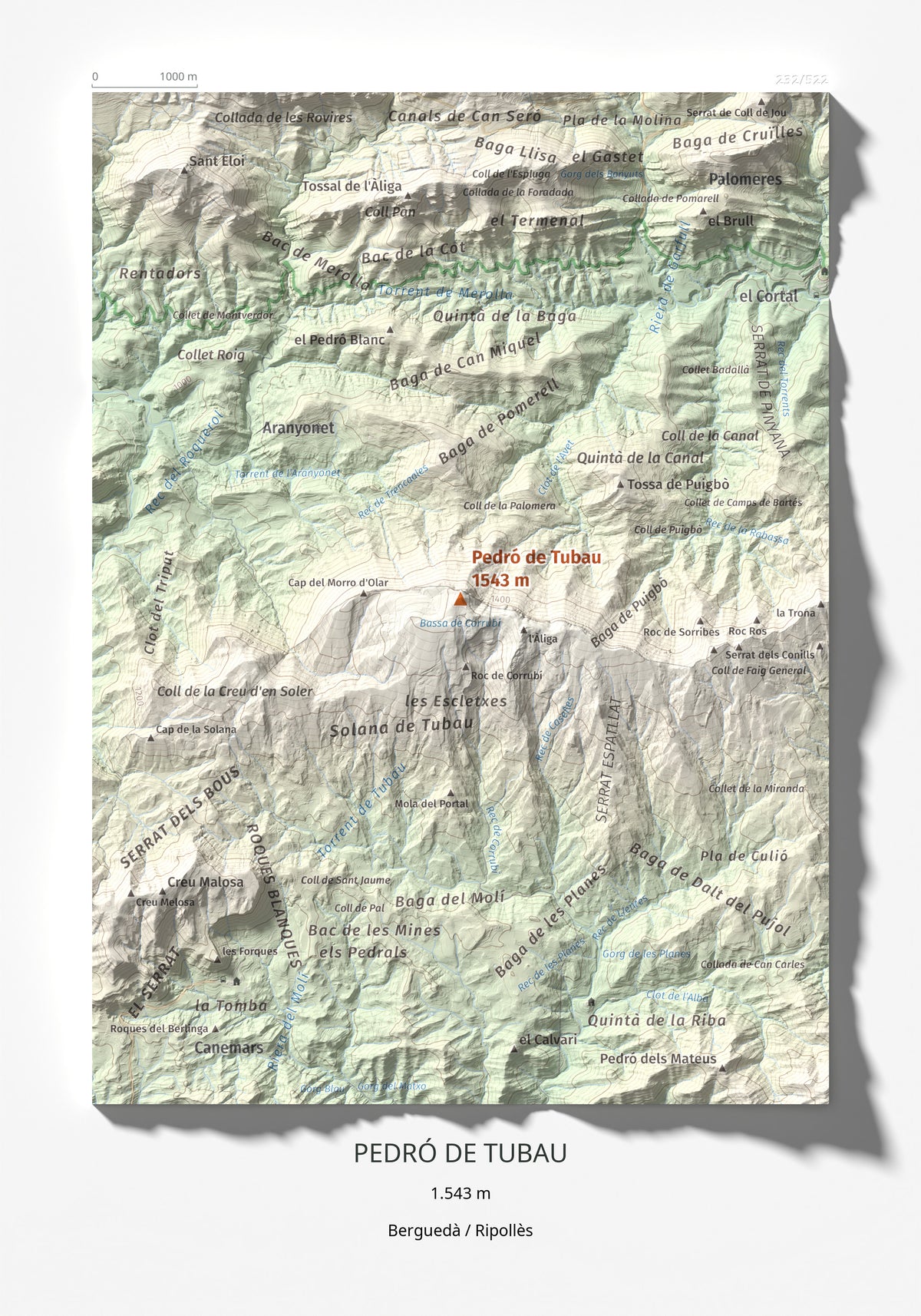 Mapa de relieve de Pedró de Tubau, 1543 m, Berguedà · Ripollès, lámina 100 Cims de Trobart 21 × 30 cm.
