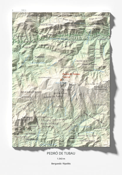 Mapa de relieve de Pedró de Tubau, 1543 m, Berguedà · Ripollès, lámina 100 Cims de Trobart 21 × 30 cm.