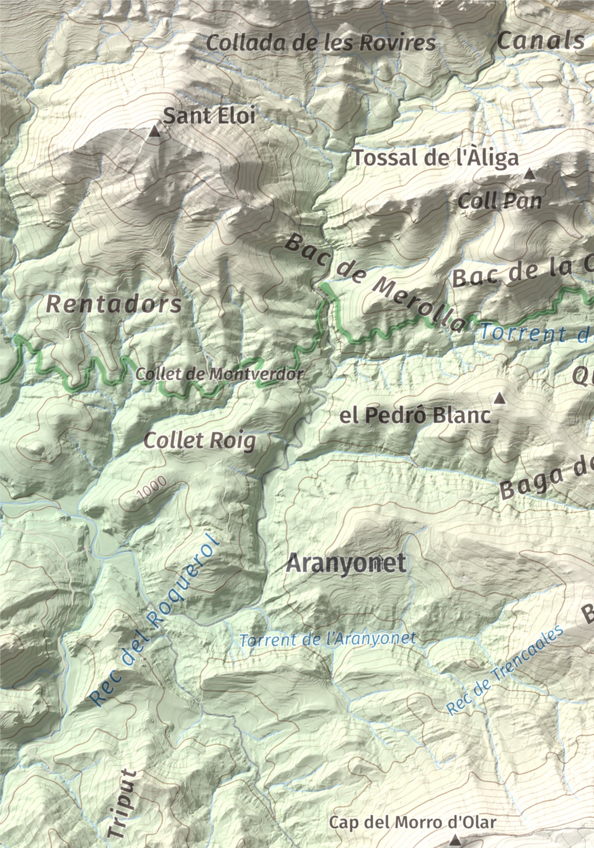 Mapa de relieve de Pedró de Tubau, 1543 m, Berguedà · Ripollès, lámina 100 Cims de Trobart. Detalle de la zona superior izquierda. 21 × 30 cm.