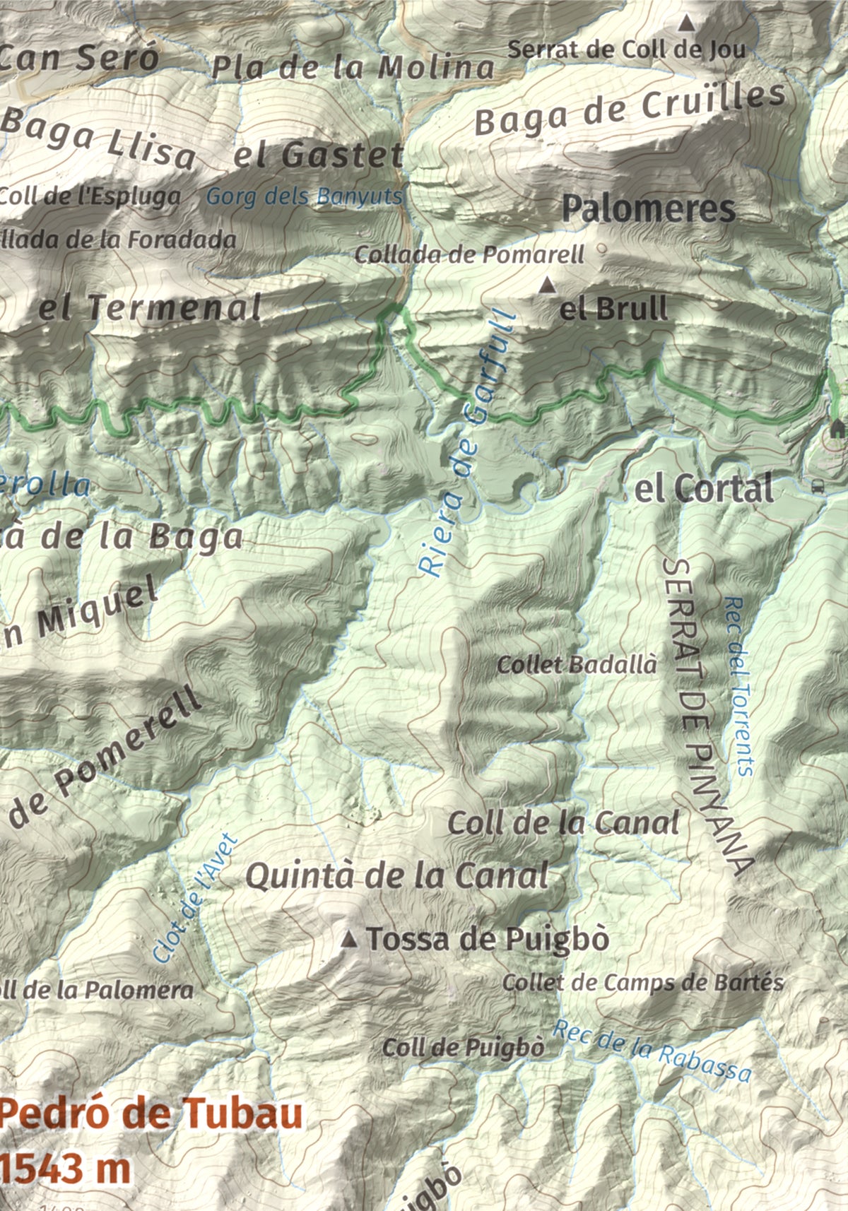 Mapa de relieve de Pedró de Tubau, 1543 m, Berguedà · Ripollès, lámina 100 Cims de Trobart. Detalle de la zona superior derecha. 21 × 30 cm.