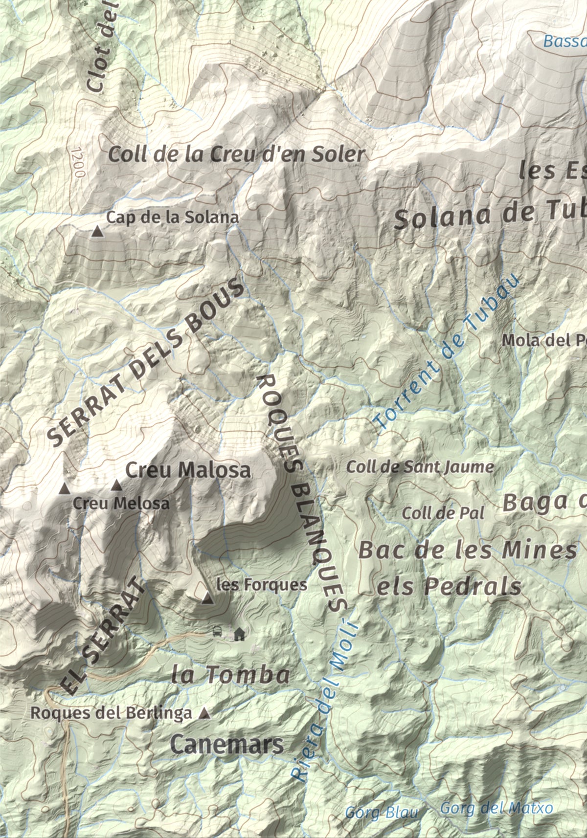 Mapa de relieve de Pedró de Tubau, 1543 m, Berguedà · Ripollès, lámina 100 Cims de Trobart. Detalle de la zona inferior izquierda. 21 × 30 cm.