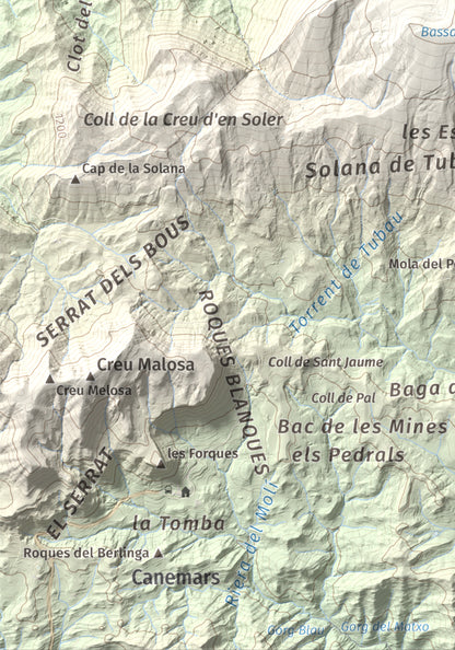 Mapa de relieve de Pedró de Tubau, 1543 m, Berguedà · Ripollès, lámina 100 Cims de Trobart. Detalle de la zona inferior izquierda. 21 × 30 cm.