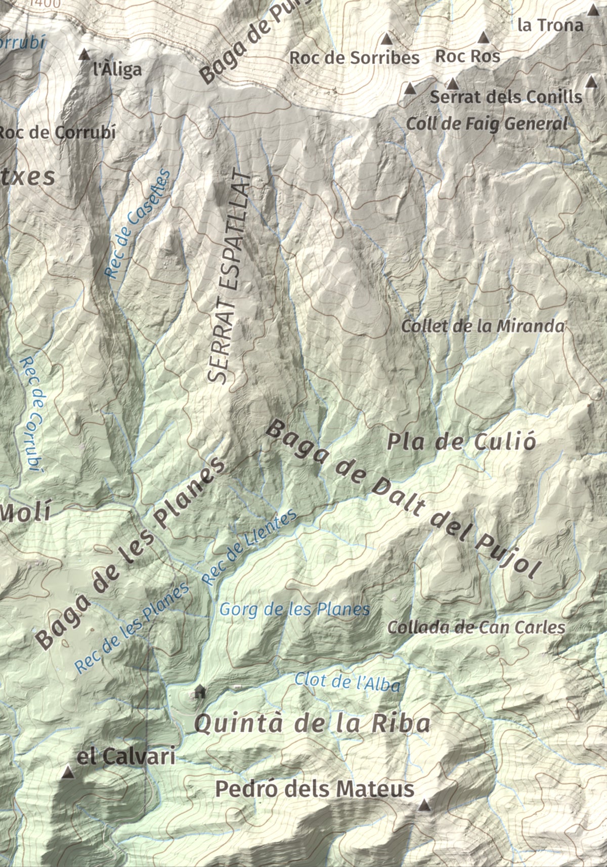 Mapa de relieve de Pedró de Tubau, 1543 m, Berguedà · Ripollès, lámina 100 Cims de Trobart. Detalle de la zona inferior derecha. 21 × 30 cm.