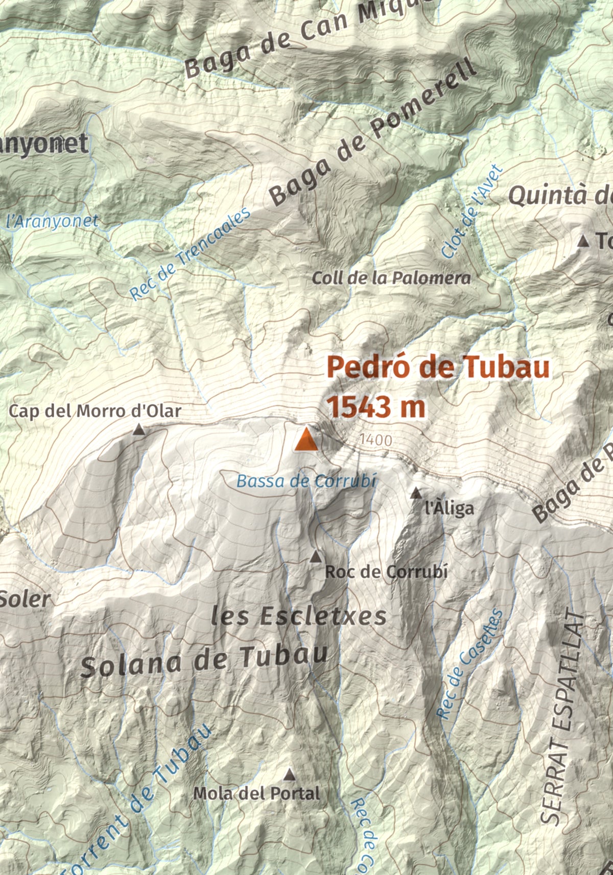 Mapa de relieve de Pedró de Tubau, 1543 m, Berguedà · Ripollès, lámina 100 Cims de Trobart. Detalle de la zona central. 21 × 30 cm.
