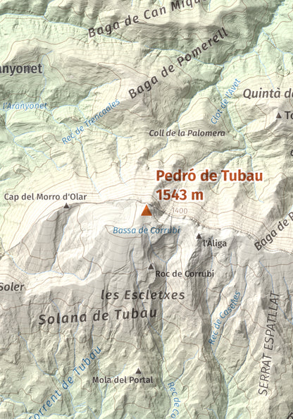 Mapa de relieve de Pedró de Tubau, 1543 m, Berguedà · Ripollès, lámina 100 Cims de Trobart. Detalle de la zona central. 21 × 30 cm.