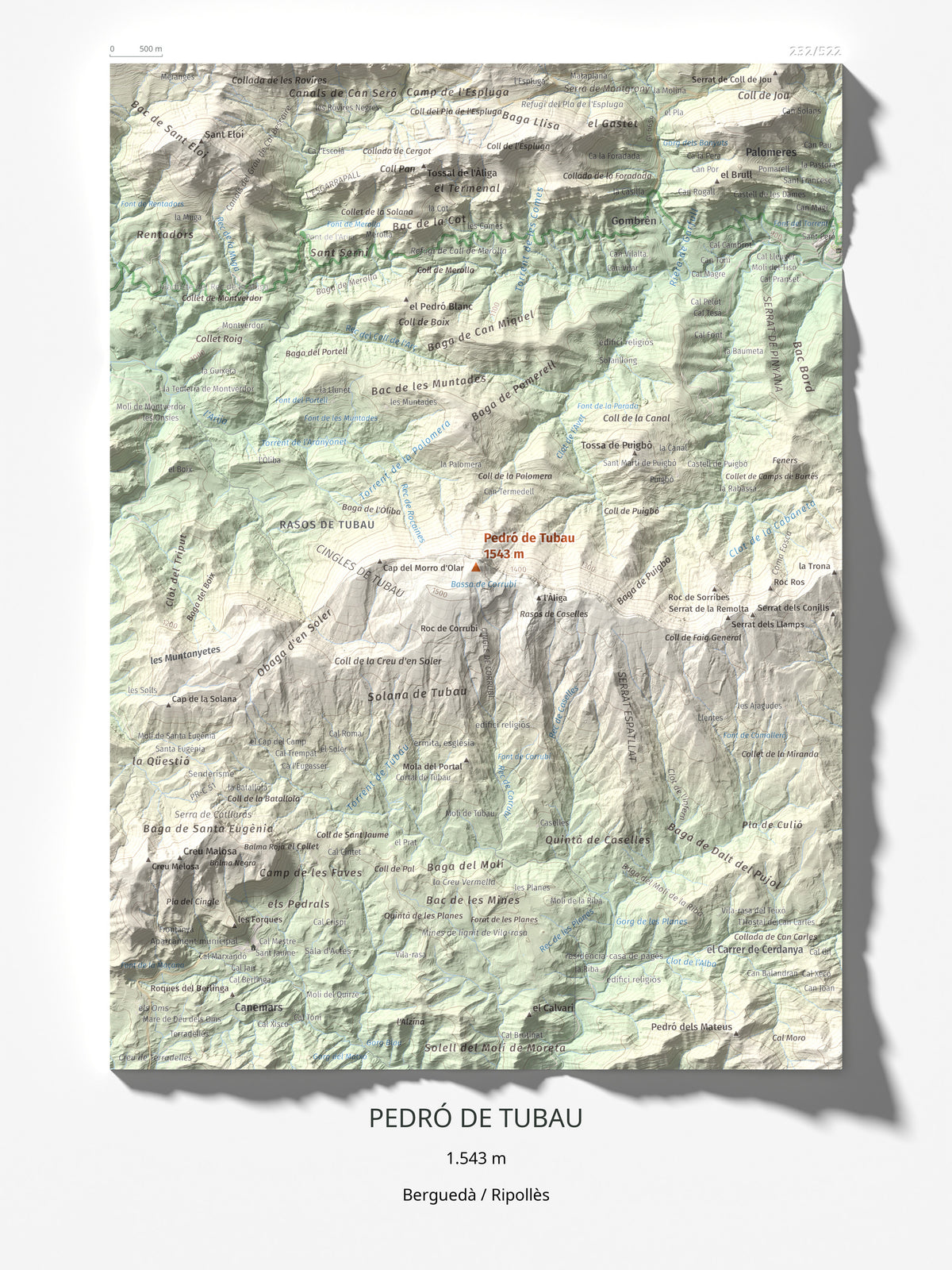 Mapa de relieve de Pedró de Tubau, 1543 m, Berguedà · Ripollès, lámina 100 Cims de Trobart 30 × 40 cm.