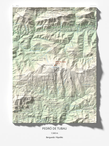 Mapa de relieve de Pedró de Tubau, 1543 m, Berguedà · Ripollès, lámina 100 Cims de Trobart 30 × 40 cm.