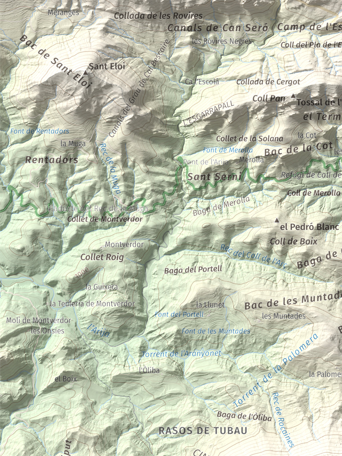 Mapa de relieve de Pedró de Tubau, 1543 m, Berguedà · Ripollès, lámina 100 Cims de Trobart. Detalle de la zona superior izquierda. 30 × 40 cm.