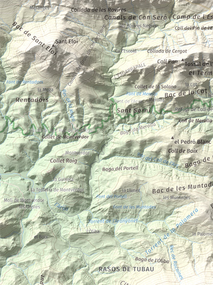 Mapa de relieve de Pedró de Tubau, 1543 m, Berguedà · Ripollès, lámina 100 Cims de Trobart. Detalle de la zona superior izquierda. 30 × 40 cm.