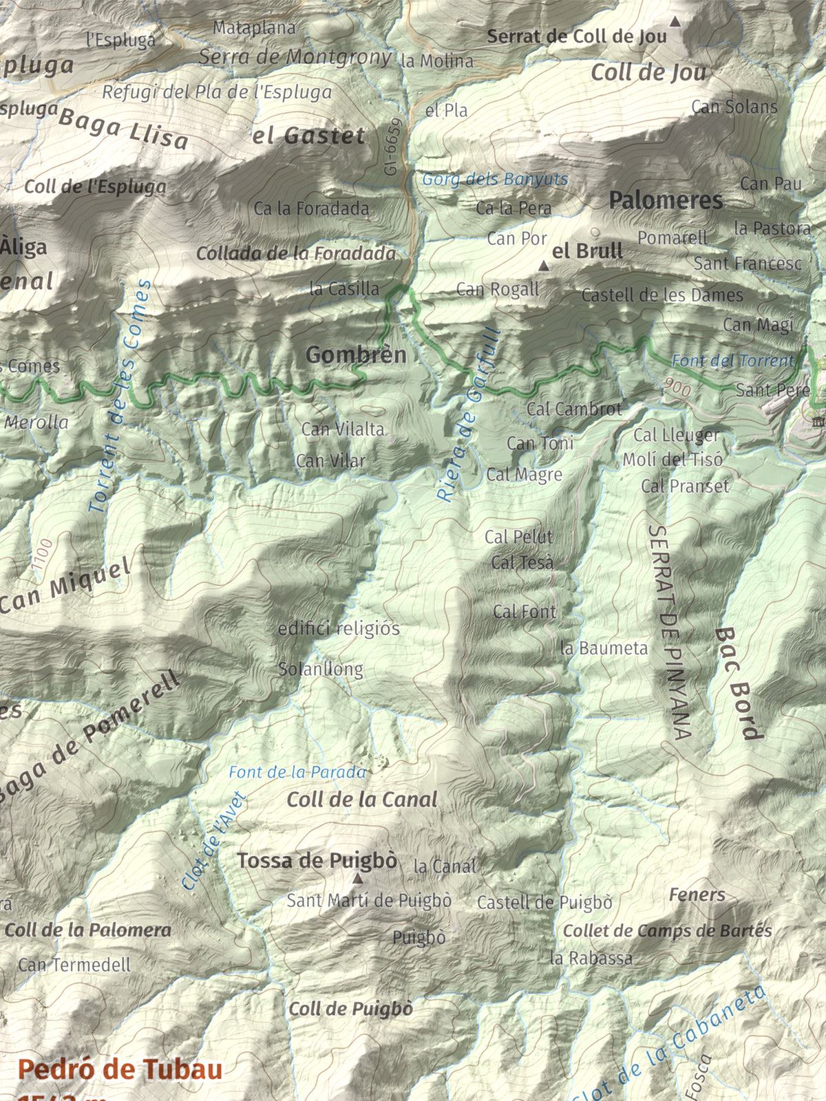Mapa de relieve de Pedró de Tubau, 1543 m, Berguedà · Ripollès, lámina 100 Cims de Trobart. Detalle de la zona superior derecha. 30 × 40 cm.