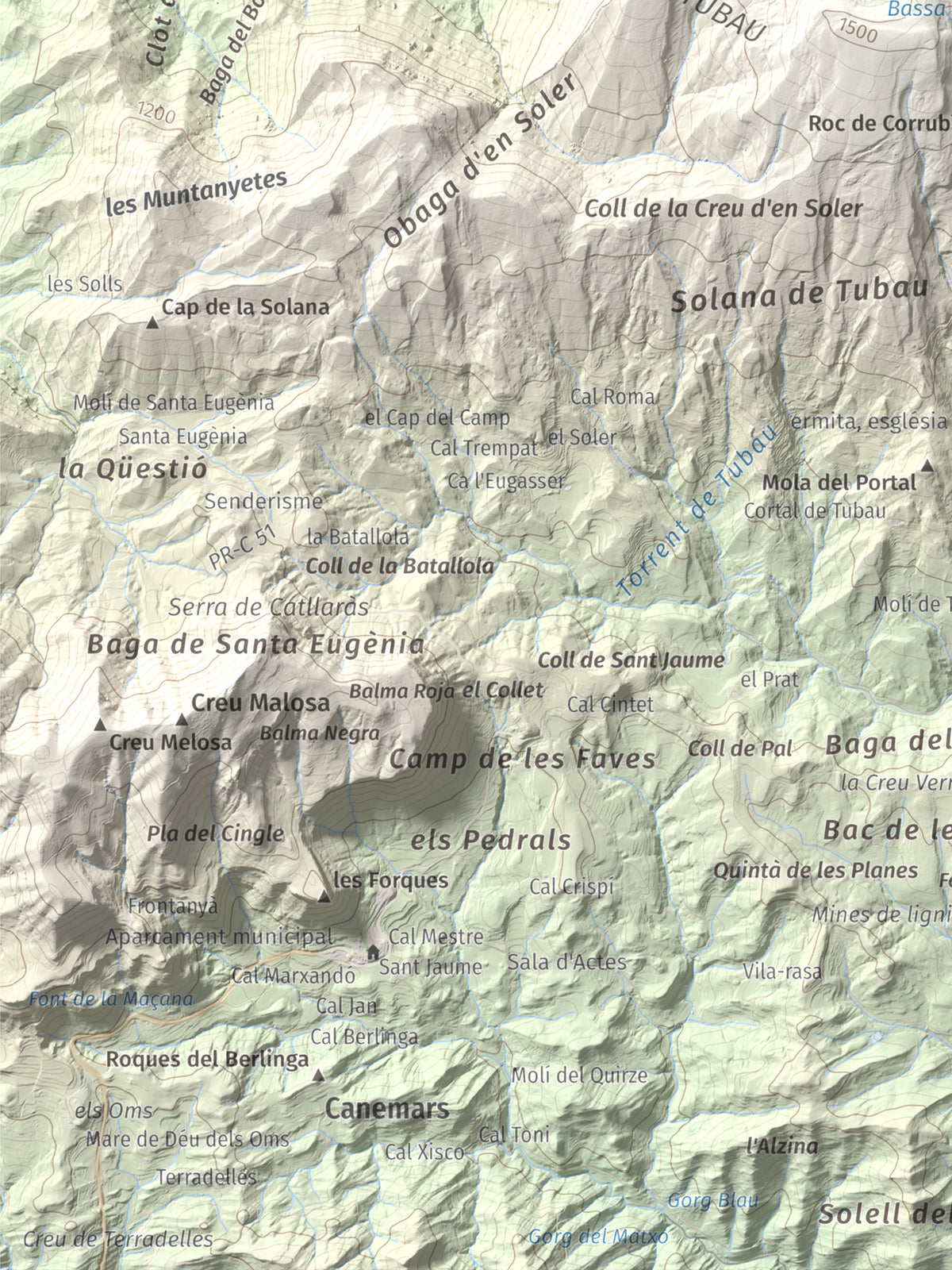 Mapa de relieve de Pedró de Tubau, 1543 m, Berguedà · Ripollès, lámina 100 Cims de Trobart. Detalle de la zona inferior izquierda. 30 × 40 cm.