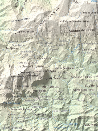 Mapa de relieve de Pedró de Tubau, 1543 m, Berguedà · Ripollès, lámina 100 Cims de Trobart. Detalle de la zona inferior izquierda. 30 × 40 cm.