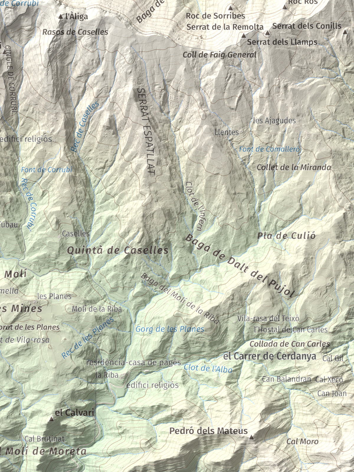 Mapa de relieve de Pedró de Tubau, 1543 m, Berguedà · Ripollès, lámina 100 Cims de Trobart. Detalle de la zona inferior derecha. 30 × 40 cm.