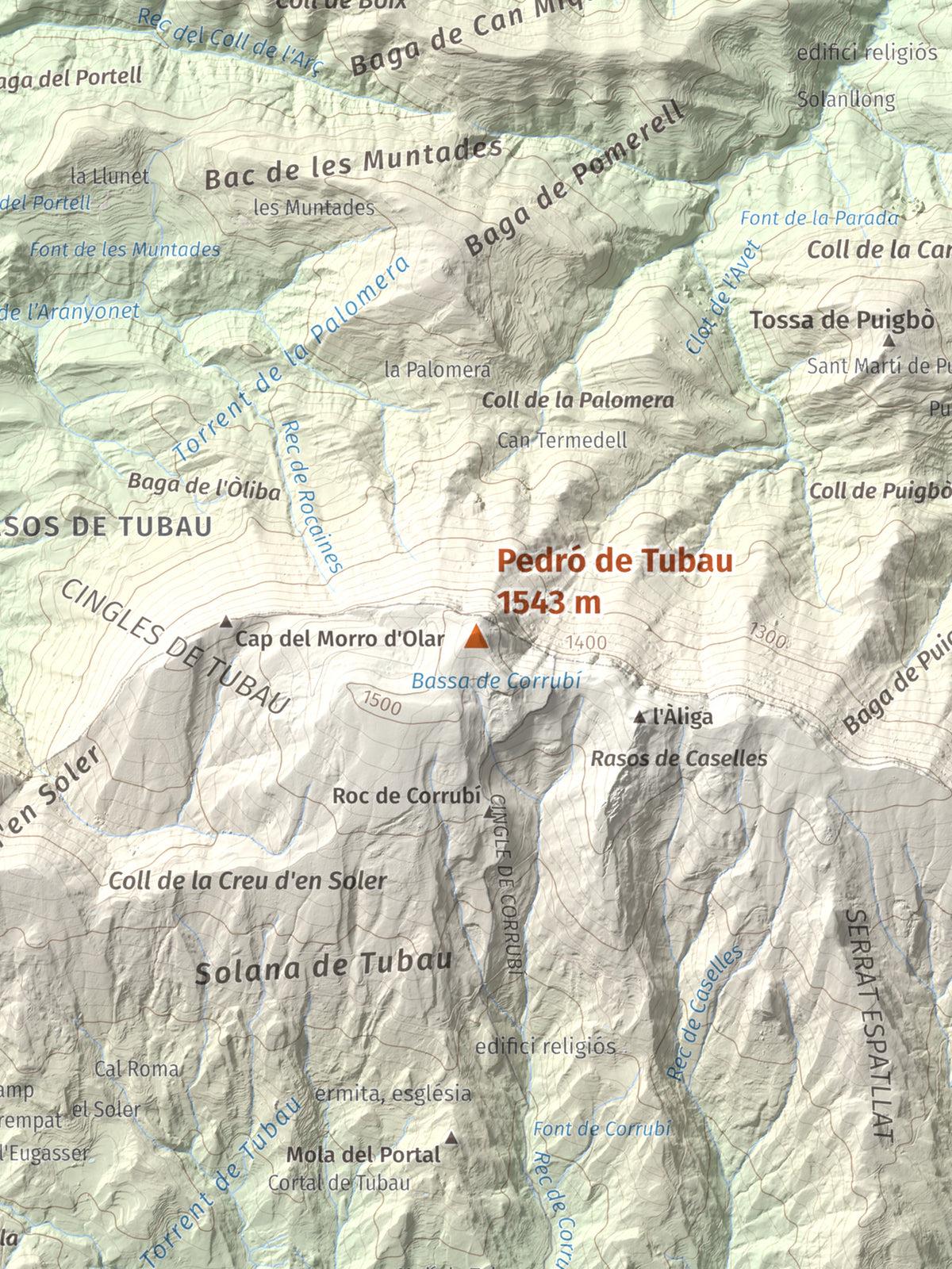 Mapa de relieve de Pedró de Tubau, 1543 m, Berguedà · Ripollès, lámina 100 Cims de Trobart. Detalle de la zona central. 30 × 40 cm.