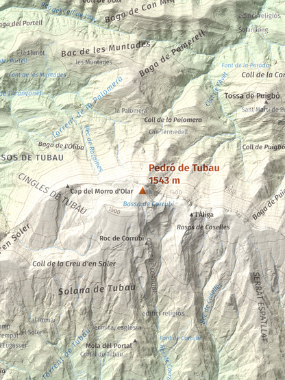 Mapa de relieve de Pedró de Tubau, 1543 m, Berguedà · Ripollès, lámina 100 Cims de Trobart. Detalle de la zona central. 30 × 40 cm.