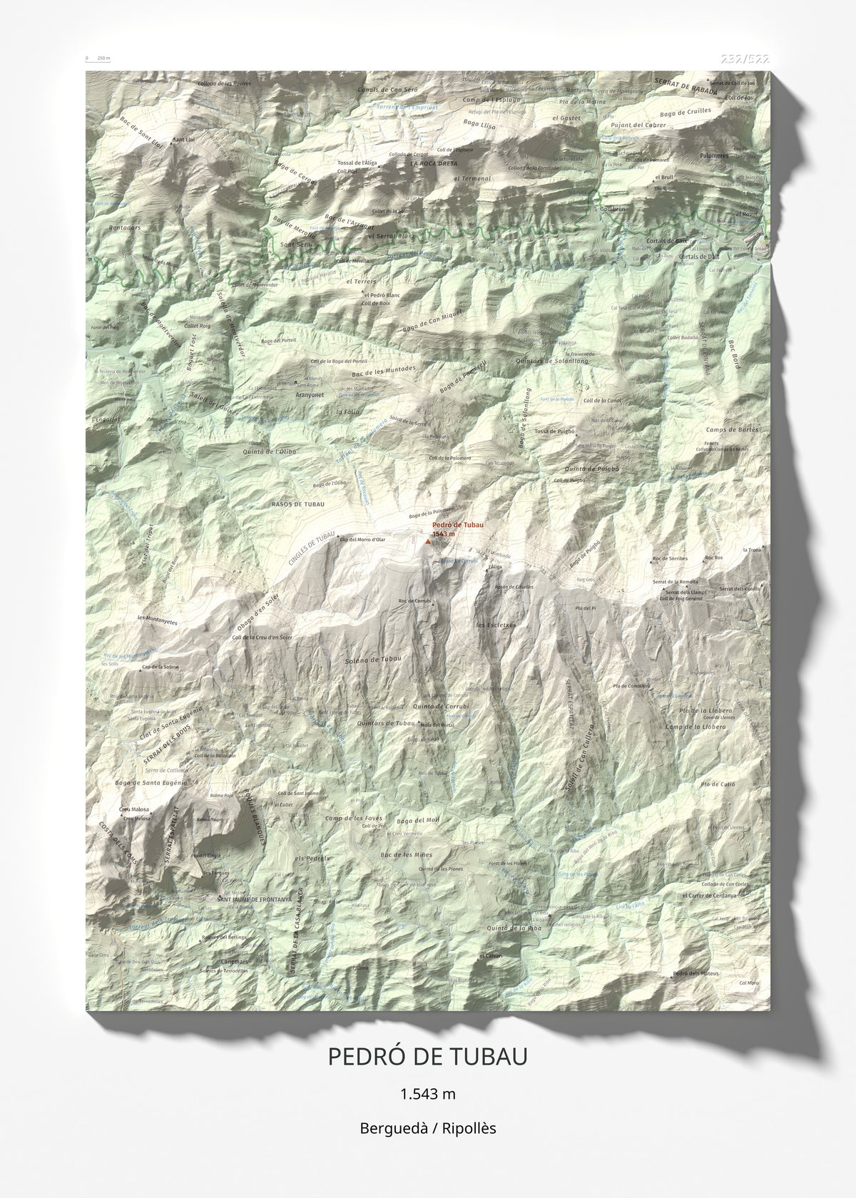 Mapa de relieve de Pedró de Tubau, 1543 m, Berguedà · Ripollès, lámina 100 Cims de Trobart 50 × 70 cm.