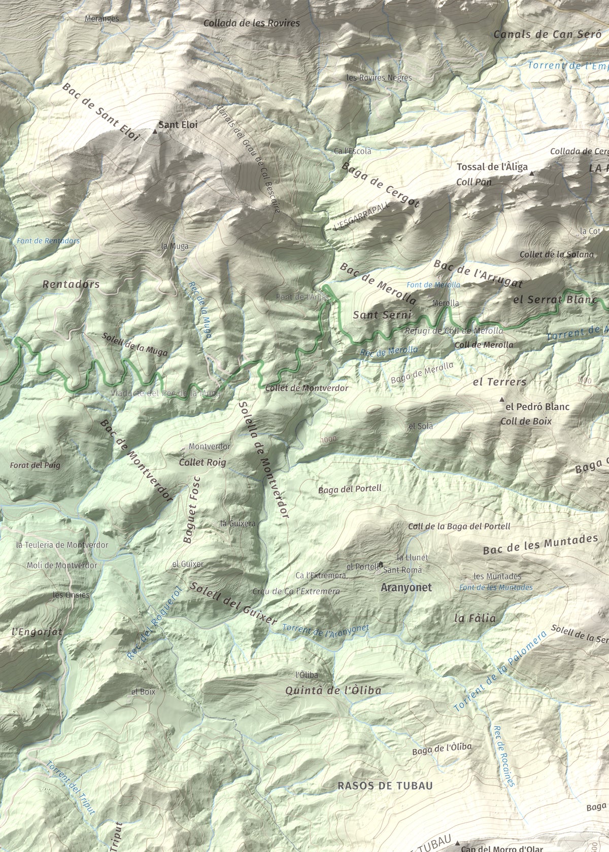 Mapa de relieve de Pedró de Tubau, 1543 m, Berguedà · Ripollès, lámina 100 Cims de Trobart. Detalle de la zona superior izquierda. 50 × 70 cm.