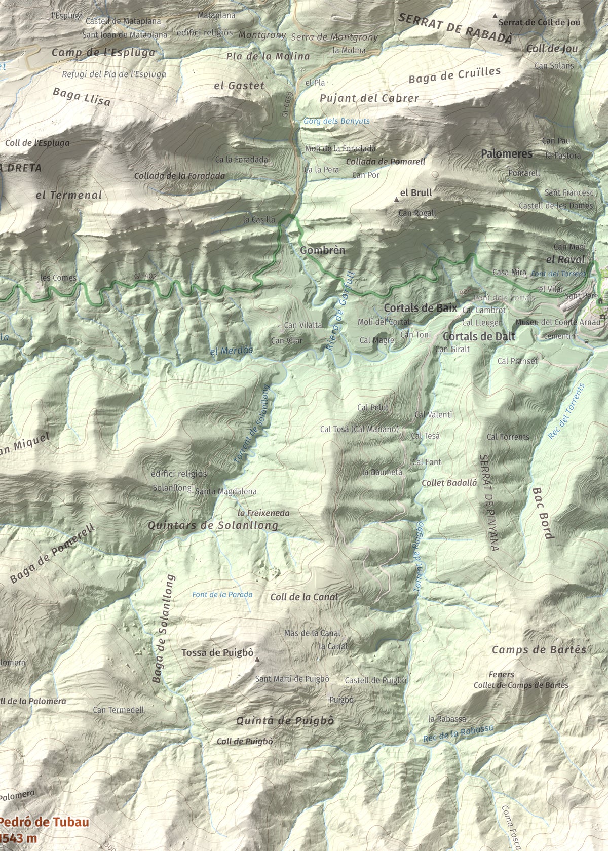 Mapa de relieve de Pedró de Tubau, 1543 m, Berguedà · Ripollès, lámina 100 Cims de Trobart. Detalle de la zona superior derecha. 50 × 70 cm.