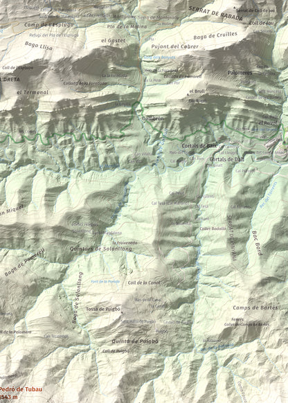 Mapa de relieve de Pedró de Tubau, 1543 m, Berguedà · Ripollès, lámina 100 Cims de Trobart. Detalle de la zona superior derecha. 50 × 70 cm.