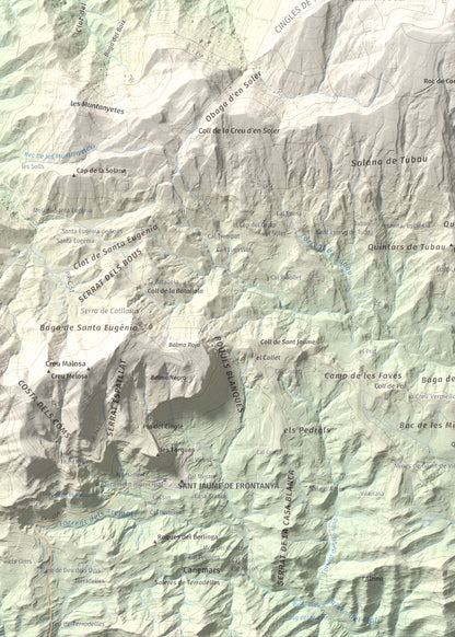 Mapa de relieve de Pedró de Tubau, 1543 m, Berguedà · Ripollès, lámina 100 Cims de Trobart. Detalle de la zona inferior izquierda. 50 × 70 cm.