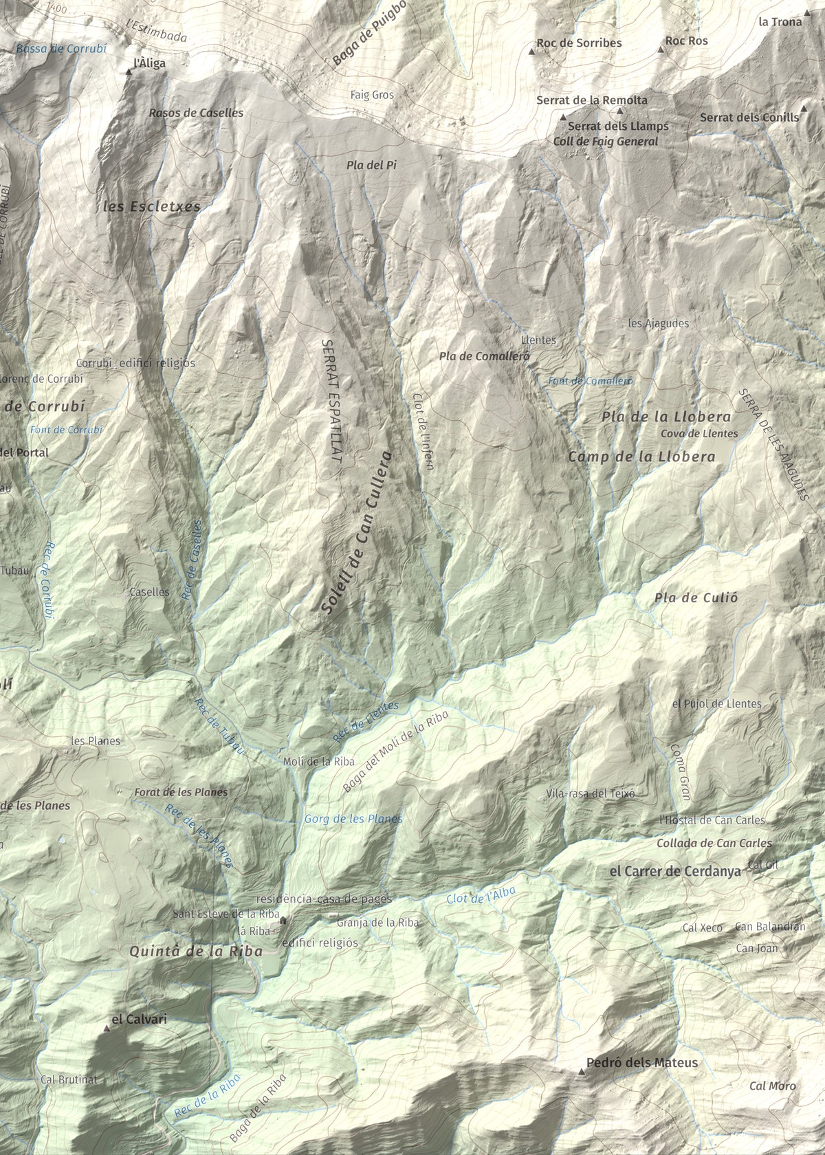 Mapa de relieve de Pedró de Tubau, 1543 m, Berguedà · Ripollès, lámina 100 Cims de Trobart. Detalle de la zona inferior derecha. 50 × 70 cm.