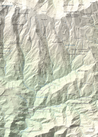 Mapa de relieve de Pedró de Tubau, 1543 m, Berguedà · Ripollès, lámina 100 Cims de Trobart. Detalle de la zona inferior derecha. 50 × 70 cm.