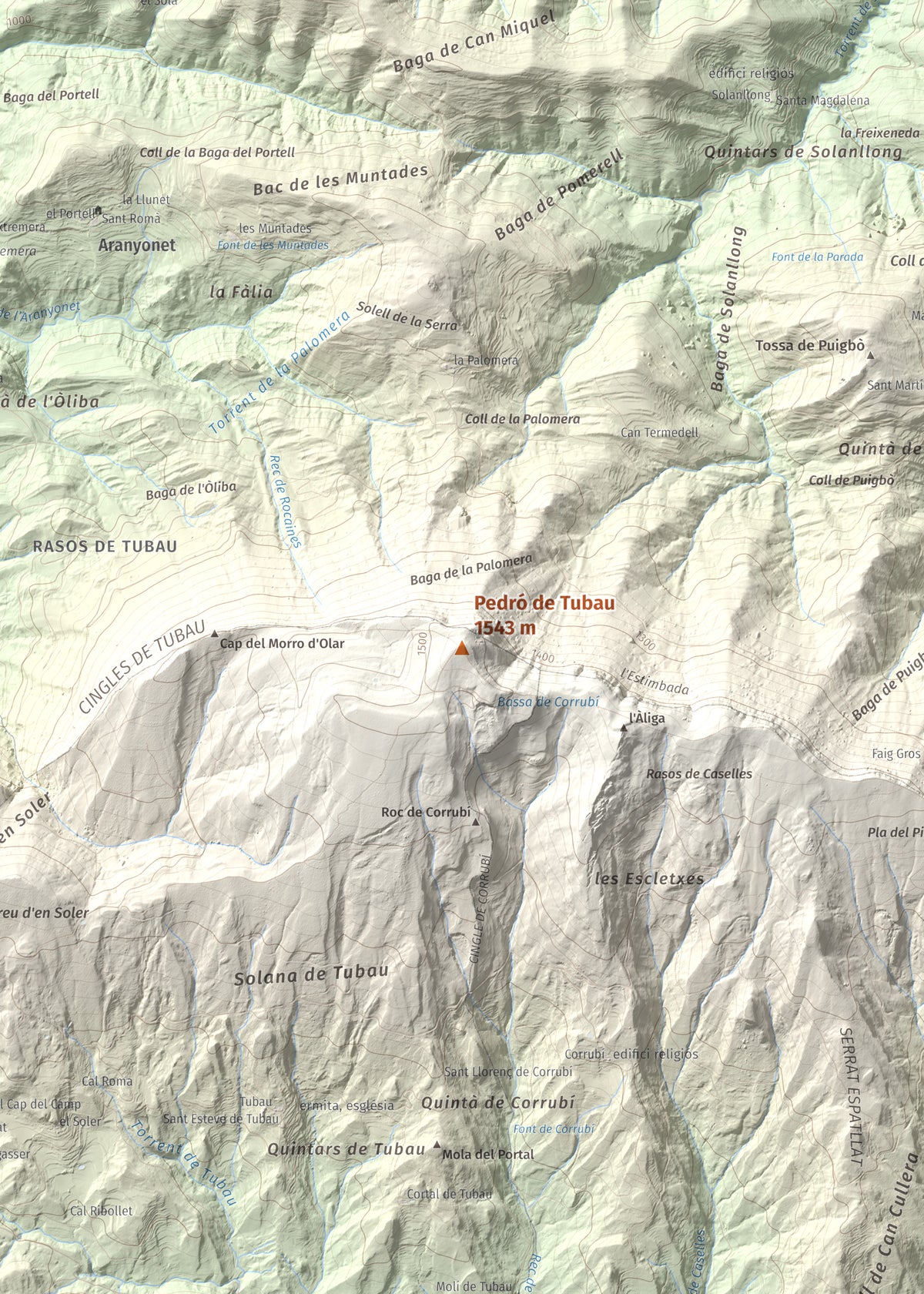 Mapa de relieve de Pedró de Tubau, 1543 m, Berguedà · Ripollès, lámina 100 Cims de Trobart. Detalle de la zona central. 50 × 70 cm.