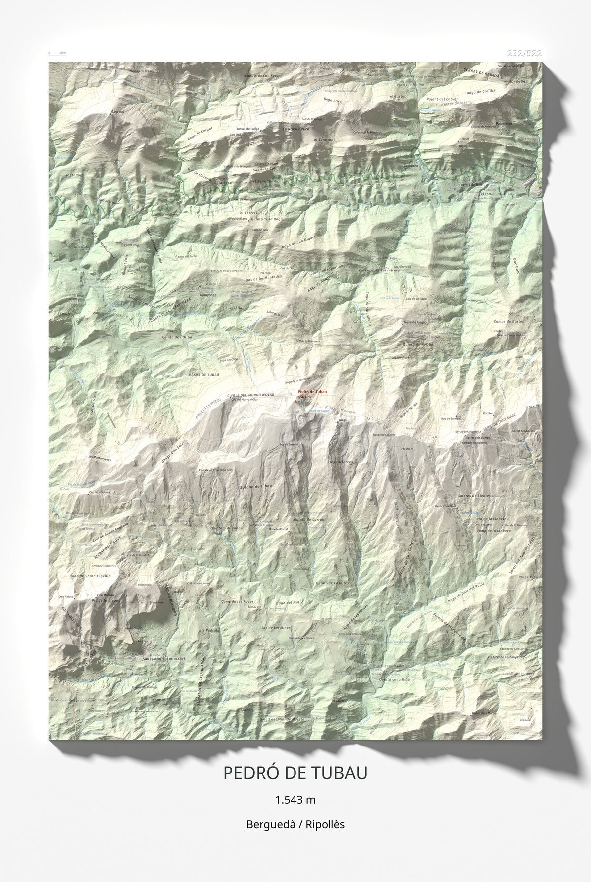 Mapa de relieve de Pedró de Tubau, 1543 m, Berguedà · Ripollès, lámina 100 Cims de Trobart 61 × 91 cm.