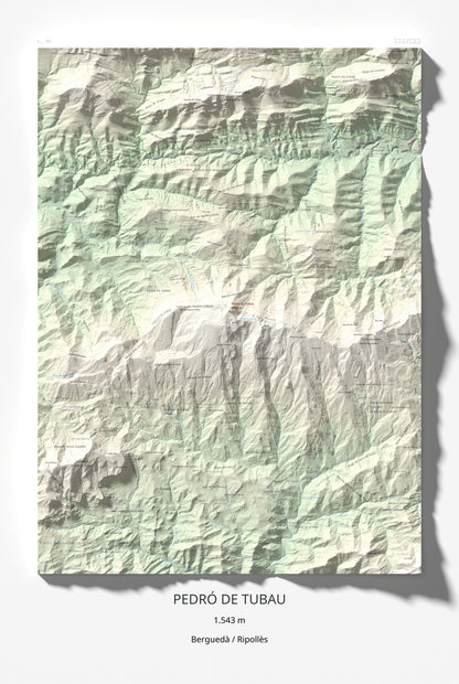 Mapa de relieve de Pedró de Tubau, 1543 m, Berguedà · Ripollès, lámina 100 Cims de Trobart 61 × 91 cm.