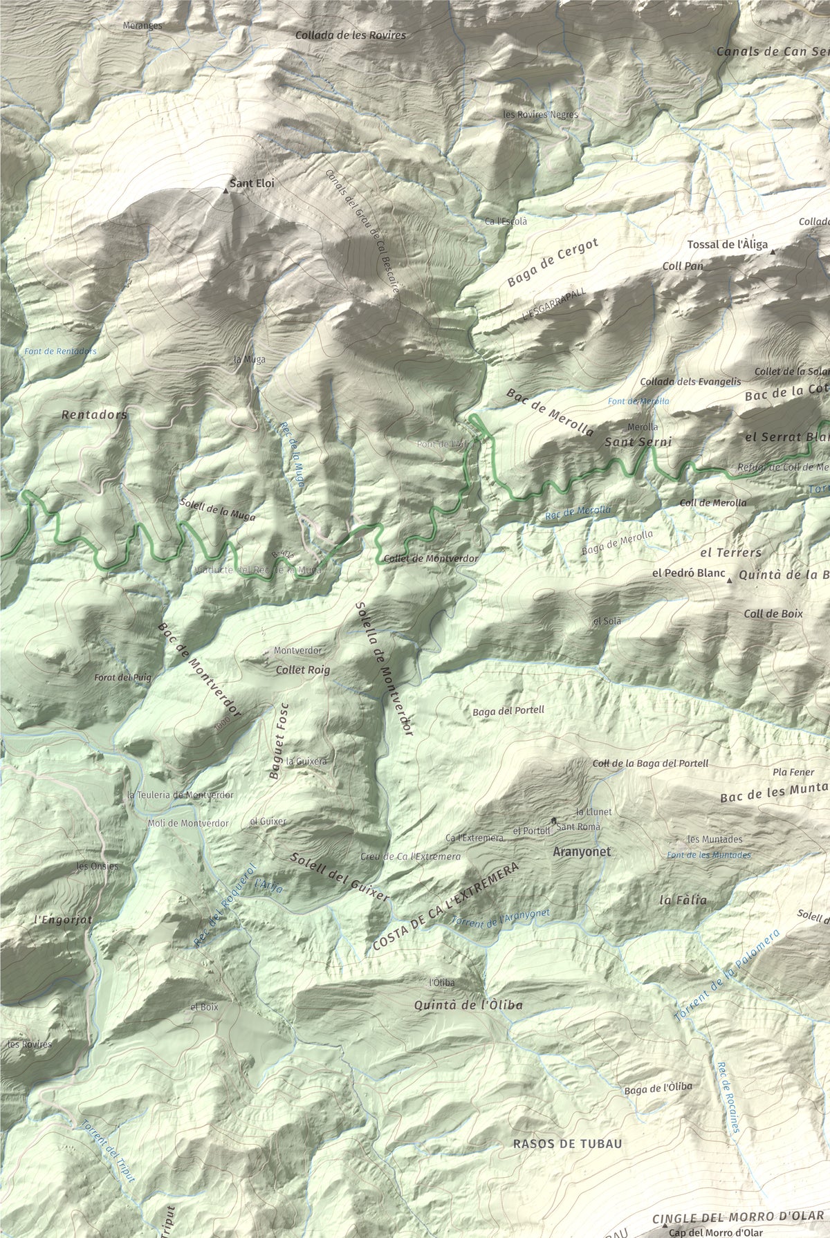 Mapa de relieve de Pedró de Tubau, 1543 m, Berguedà · Ripollès, lámina 100 Cims de Trobart. Detalle de la zona superior izquierda. 61 × 91 cm.