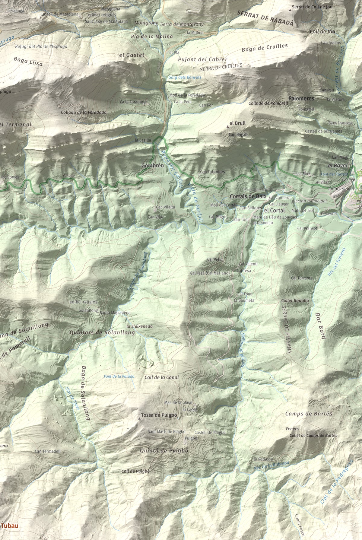 Mapa de relieve de Pedró de Tubau, 1543 m, Berguedà · Ripollès, lámina 100 Cims de Trobart. Detalle de la zona superior derecha. 61 × 91 cm.