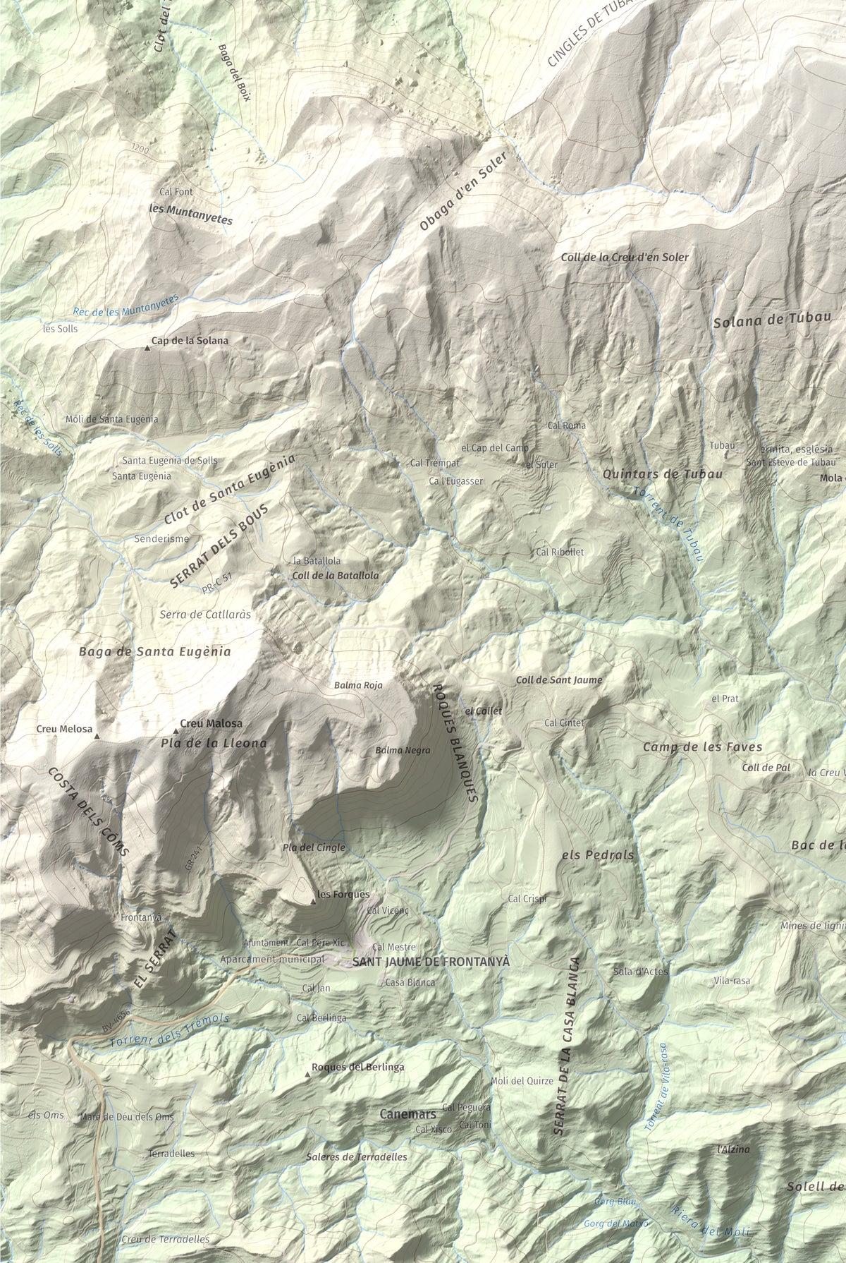 Mapa de relieve de Pedró de Tubau, 1543 m, Berguedà · Ripollès, lámina 100 Cims de Trobart. Detalle de la zona inferior izquierda. 61 × 91 cm.
