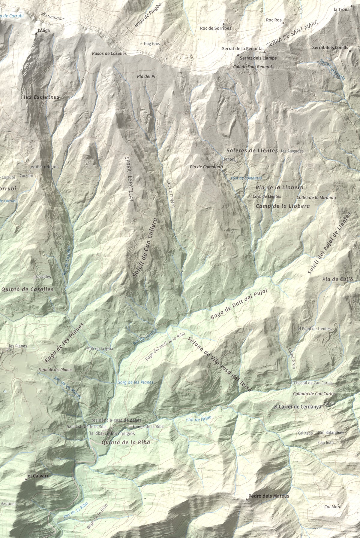 Mapa de relieve de Pedró de Tubau, 1543 m, Berguedà · Ripollès, lámina 100 Cims de Trobart. Detalle de la zona inferior derecha. 61 × 91 cm.